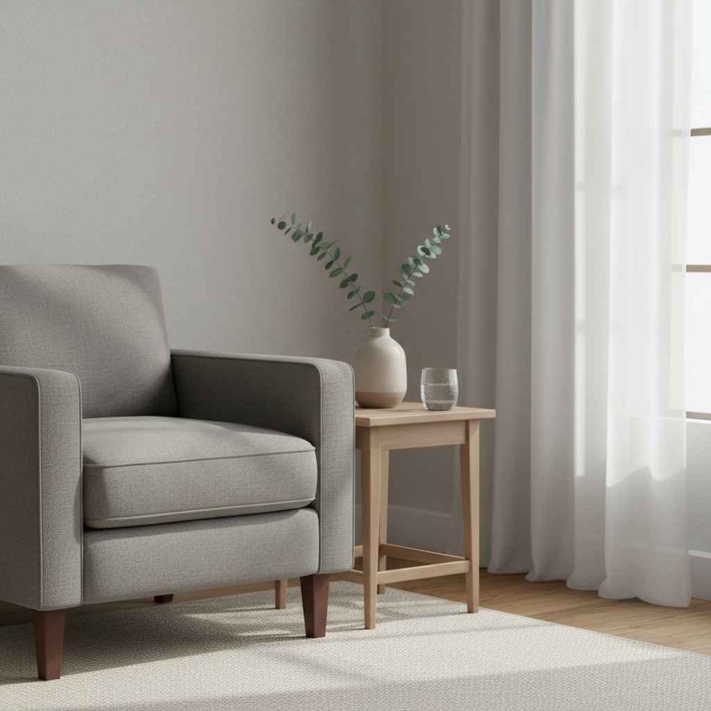 A minimalist living room with a grey armchair, wooden side table, and a vase with green stems.